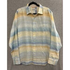 Tommy Bahama Linen Shirt Sun Harbor Stripe Blue Orange Men's Size L Long Sleeve